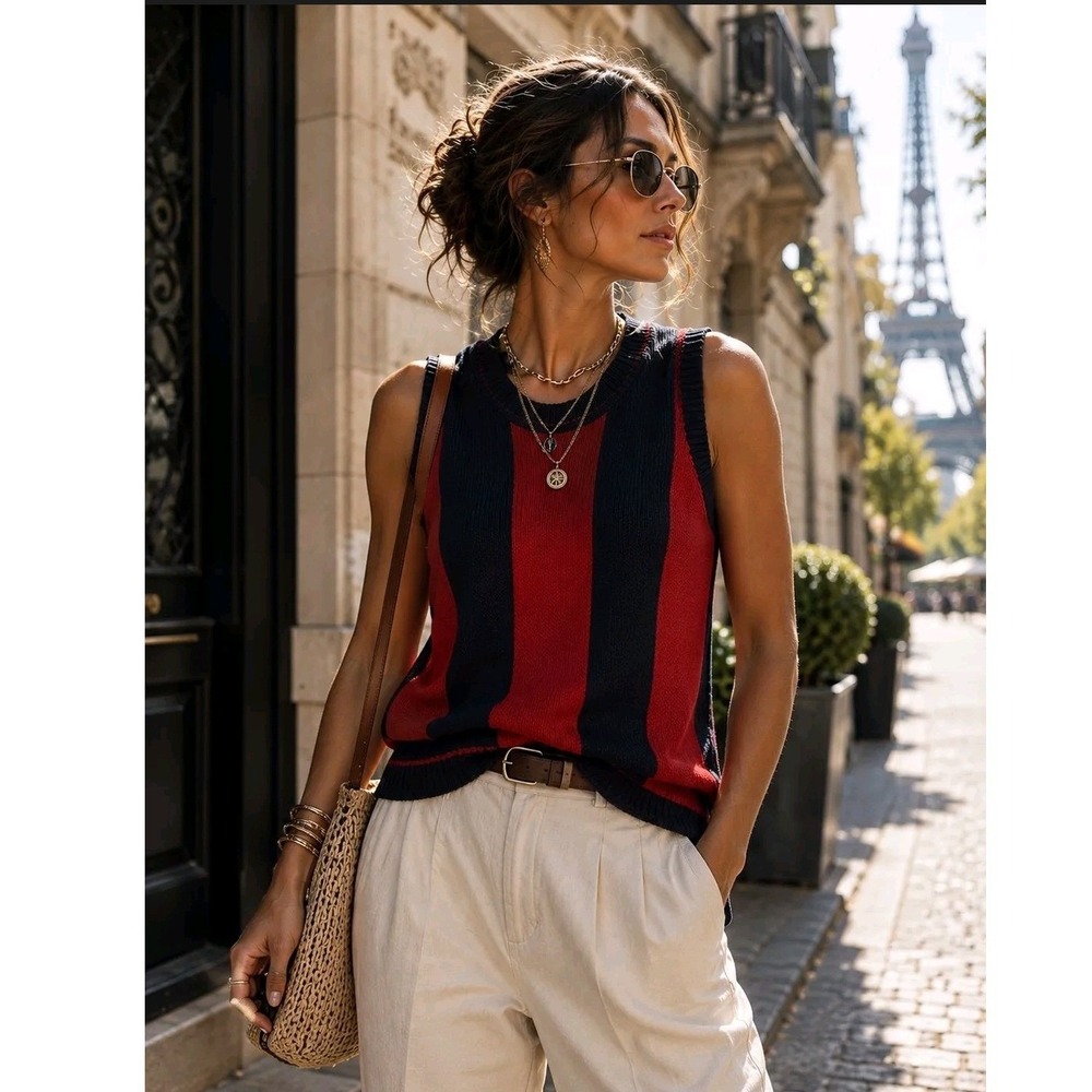 Vintage Style Red Navy Blue Striped Knit‎ Sleeveless Sweater Vest Crew Neck